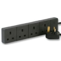 Black UK 3 Pin Plug 4 Gang 4G Socket Extension Cord Cable Lead